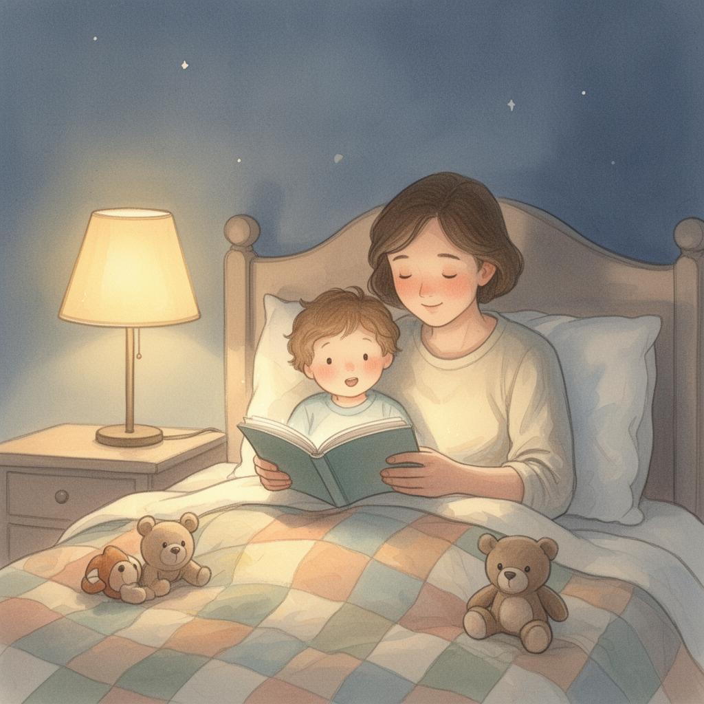 A parent reading a bedtime storybook with their child under a warm lamp